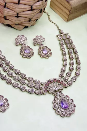 Purple yellow gold premium designer american diamond and stone work necklace set