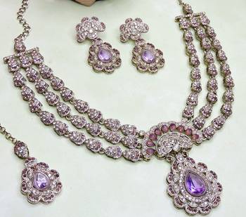 Purple yellow gold premium designer american diamond and stone work necklace set 3