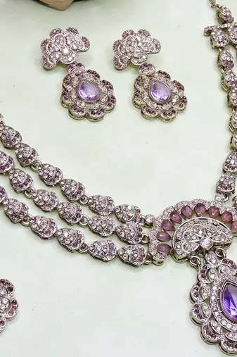 Purple yellow gold premium designer american diamond and stone work necklace set