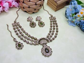 Green yellow gold premium designer american diamond and stone work necklace set 1