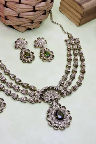 Green yellow gold premium designer american diamond and stone work necklace set