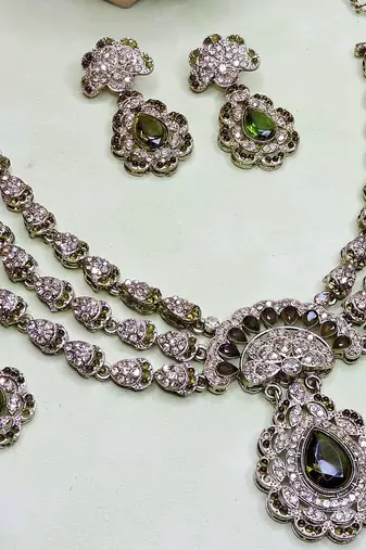 Green yellow gold premium designer american diamond and stone work necklace set
