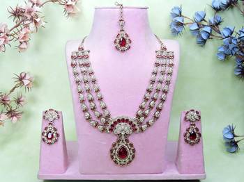 Maroon yellow gold premium designer american diamond and stone work necklace set 1