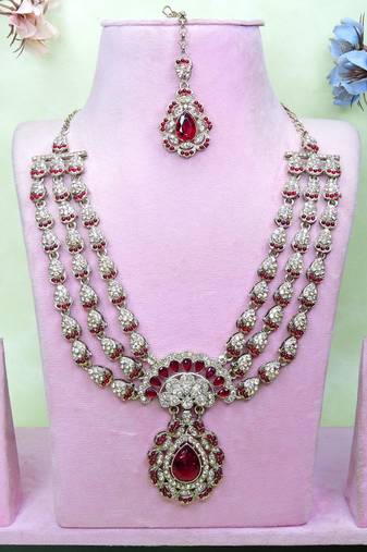 Maroon yellow gold premium designer american diamond and stone work necklace set