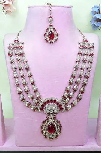 Maroon yellow gold premium designer american diamond and stone work necklace set