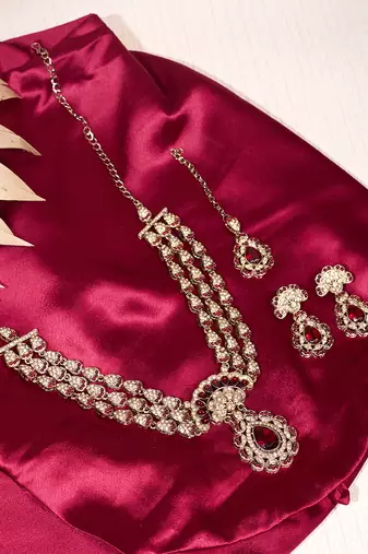 Maroon yellow gold premium designer american diamond and stone work necklace set
