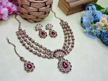 Maroon yellow gold premium designer american diamond and stone work necklace set 3