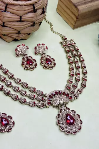 Maroon yellow gold premium designer american diamond and stone work necklace set