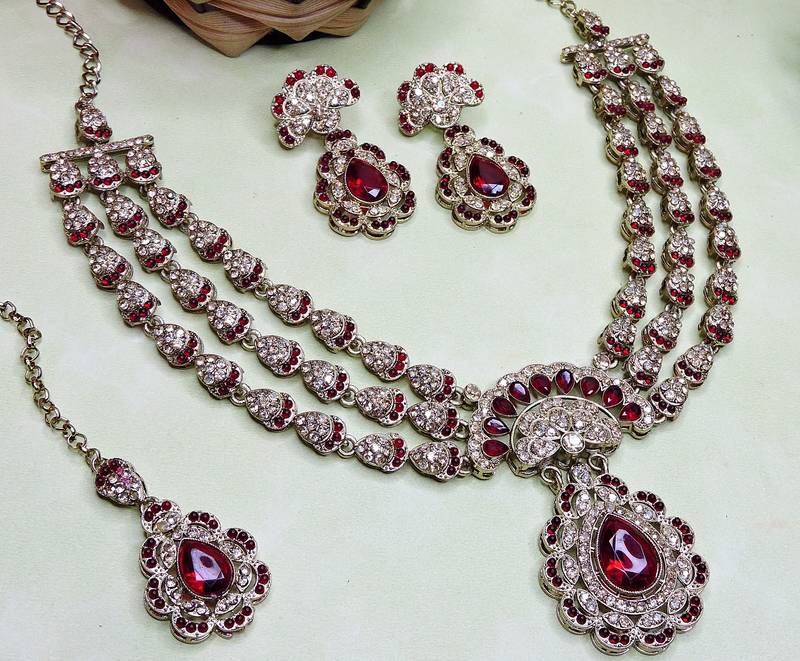 Maroon yellow gold premium designer american diamond and stone work necklace set