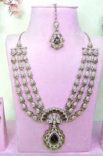 Blue yellow gold premium designer american diamond and stone work necklace set