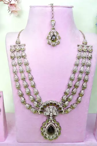 Blue yellow gold premium designer american diamond and stone work necklace set