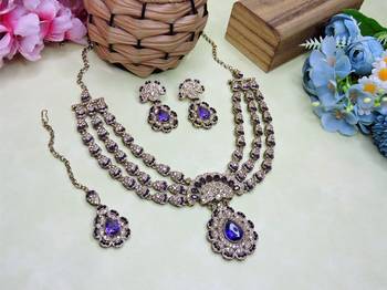 Blue yellow gold premium designer american diamond and stone work necklace set 2