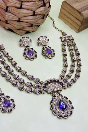 Blue yellow gold premium designer american diamond and stone work necklace set
