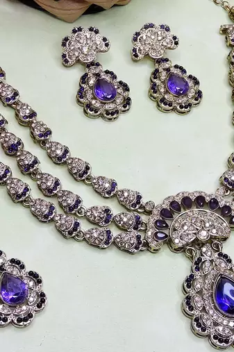 Blue yellow gold premium designer american diamond and stone work necklace set