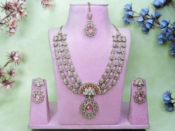 Pink yellow gold premium designer american diamond and stone work necklace set 1