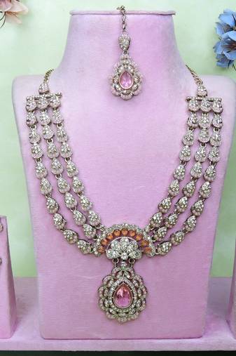 Pink yellow gold premium designer american diamond and stone work necklace set