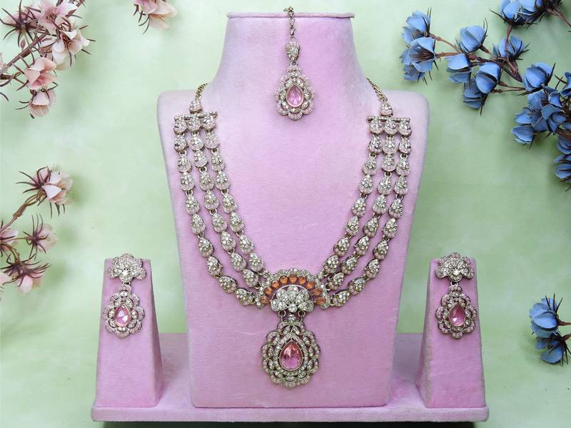 Pink yellow gold premium designer american diamond and stone work necklace set
