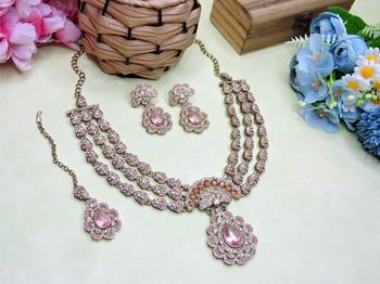 Pink yellow gold premium designer american diamond and stone work necklace set 2