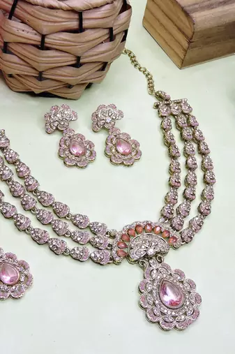 Pink yellow gold premium designer american diamond and stone work necklace set