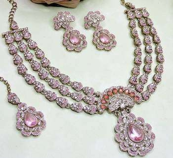 Pink yellow gold premium designer american diamond and stone work necklace set 3