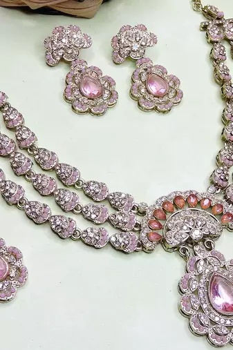 Pink yellow gold premium designer american diamond and stone work necklace set