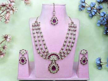Purple yellow gold premium designer american diamond and stone work necklace set 1