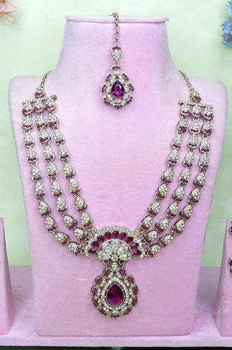 Purple yellow gold premium designer american diamond and stone work necklace set
