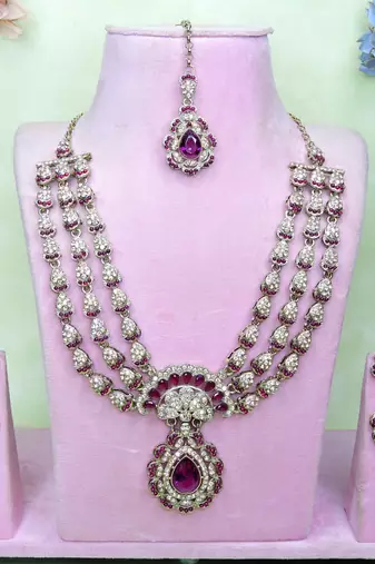 Purple yellow gold premium designer american diamond and stone work necklace set