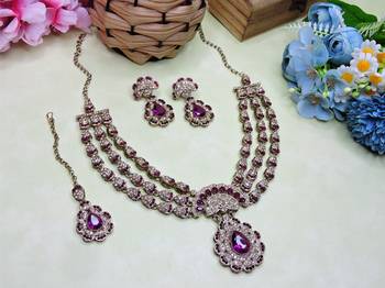 Purple yellow gold premium designer american diamond and stone work necklace set 2
