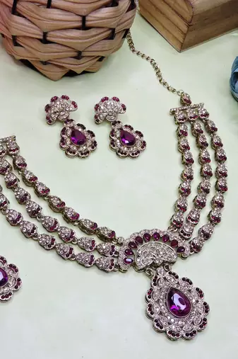 Purple yellow gold premium designer american diamond and stone work necklace set