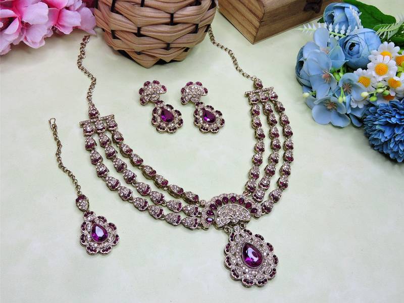 Purple yellow gold premium designer american diamond and stone work necklace set