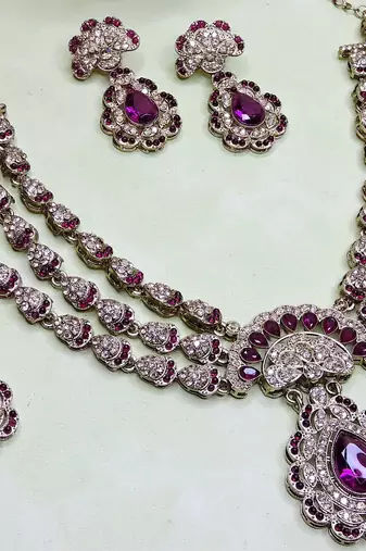 Purple yellow gold premium designer american diamond and stone work necklace set