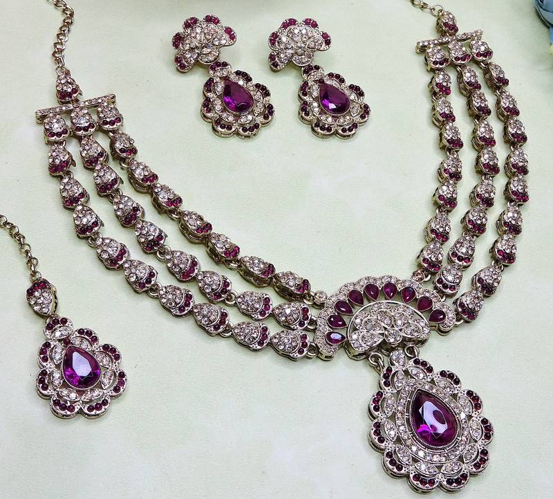 Purple yellow gold premium designer american diamond and stone work necklace set
