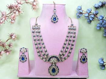 Blue yellow gold premium designer american diamond and stone work necklace set 1