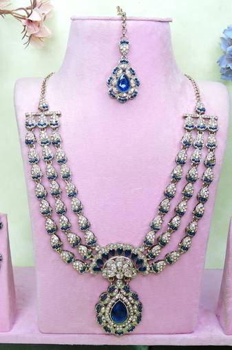 Blue yellow gold premium designer american diamond and stone work necklace set