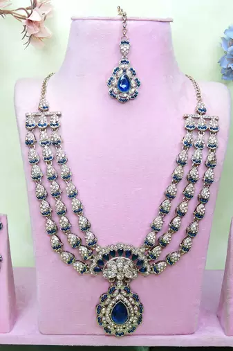 Blue yellow gold premium designer american diamond and stone work necklace set