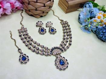 Blue yellow gold premium designer american diamond and stone work necklace set 2