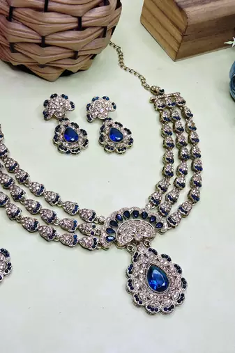 Blue yellow gold premium designer american diamond and stone work necklace set