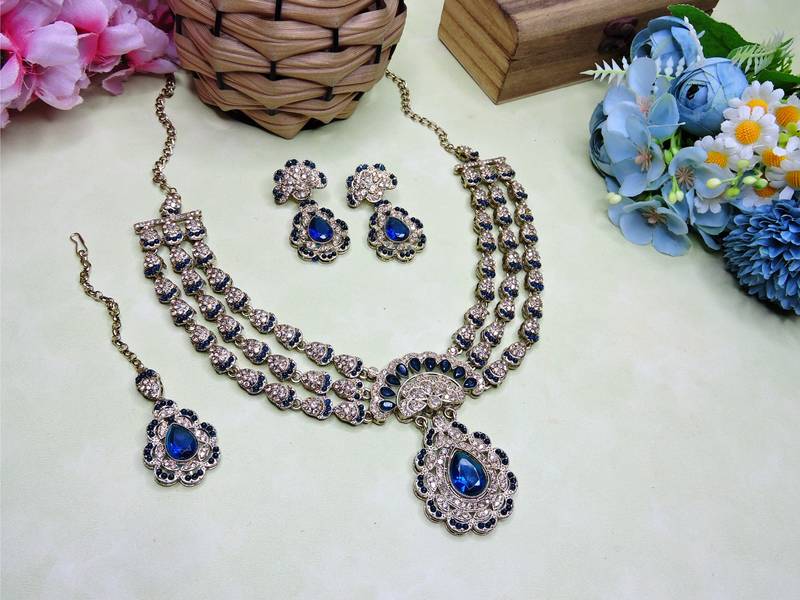 Blue yellow gold premium designer american diamond and stone work necklace set
