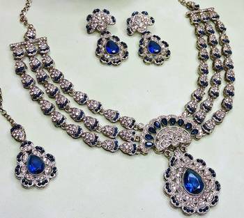 Blue yellow gold premium designer american diamond and stone work necklace set 3