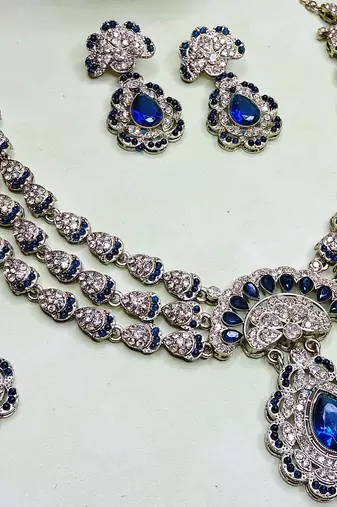 Blue yellow gold premium designer american diamond and stone work necklace set