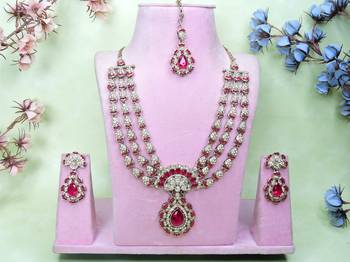 Pink yellow gold premium designer american diamond and stone work necklace set 1