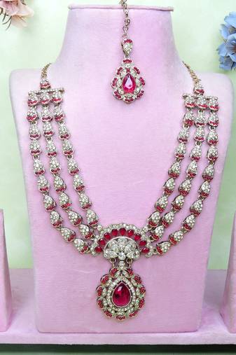 Pink yellow gold premium designer american diamond and stone work necklace set