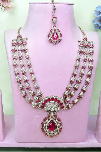 Pink yellow gold premium designer american diamond and stone work necklace set