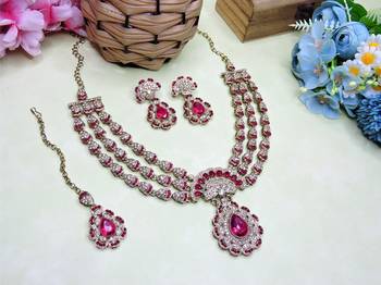 Pink yellow gold premium designer american diamond and stone work necklace set 2