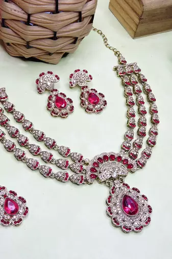 Pink yellow gold premium designer american diamond and stone work necklace set