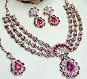 Pink yellow gold premium designer american diamond and stone work necklace set 3