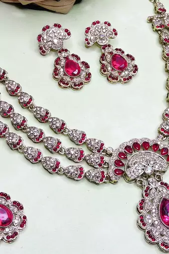 Pink yellow gold premium designer american diamond and stone work necklace set