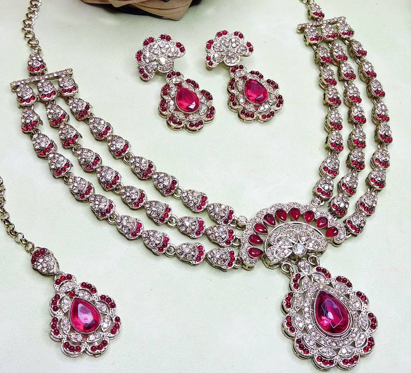 Pink yellow gold premium designer american diamond and stone work necklace set
