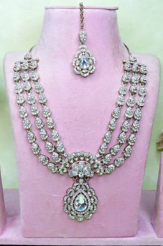 White yellow gold premium designer american diamond and stone work necklace set